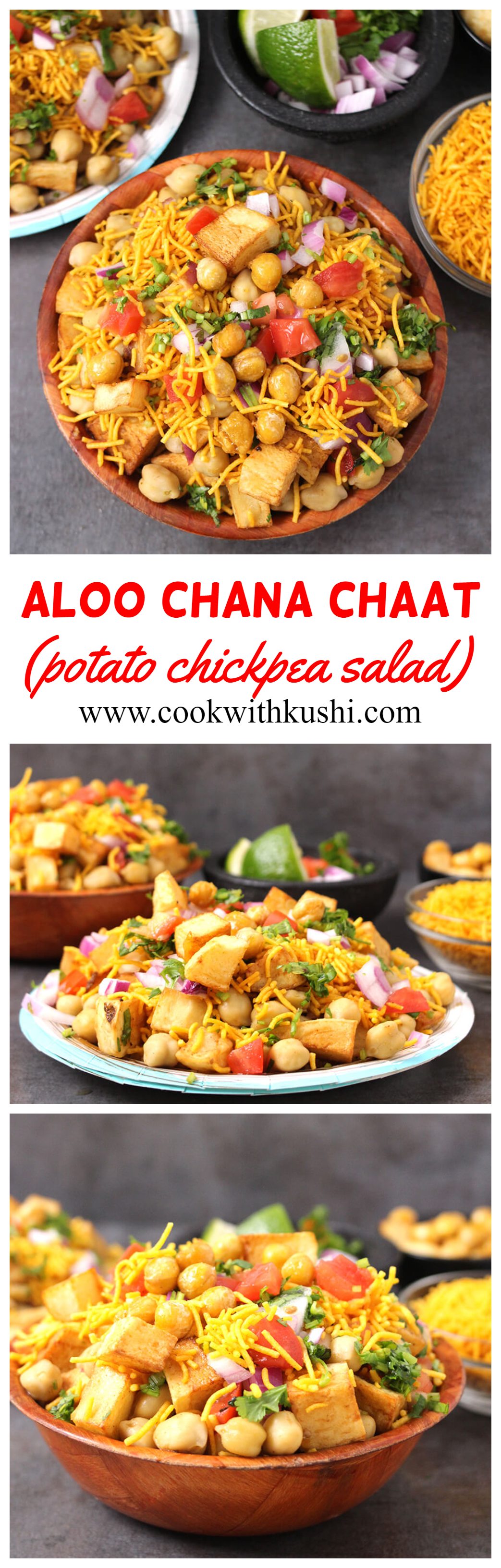Aloo Chana Chaat  or Potato Chickpea Salad is a sweet, spicy and tangy – all in one recipe that can be served as a starter or even had as an evening snack. #chole #chaat #chickpeasalad #aloorecipes #potatorecipes #summerrecipes #indianstreetfood #appetizers