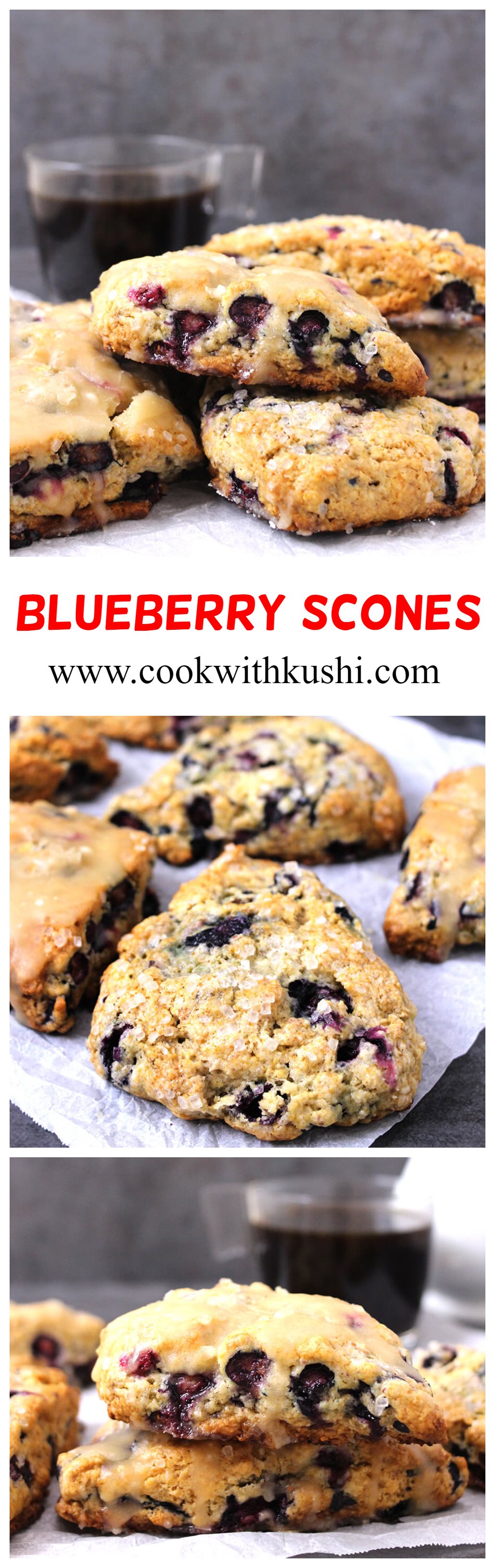 Blueberry Scones are moist and buttery with sweet and crumbly edges, packed with juicy blueberries and maple glaze in every single bite. This would be great for breakfast or brunch! #scones #breakfastideas #lunchboxideas #brunch #blueberries #desserts #mapleglaze #vanillaicing #kidsfriendlyrecipes #bakedgoods #americanscones