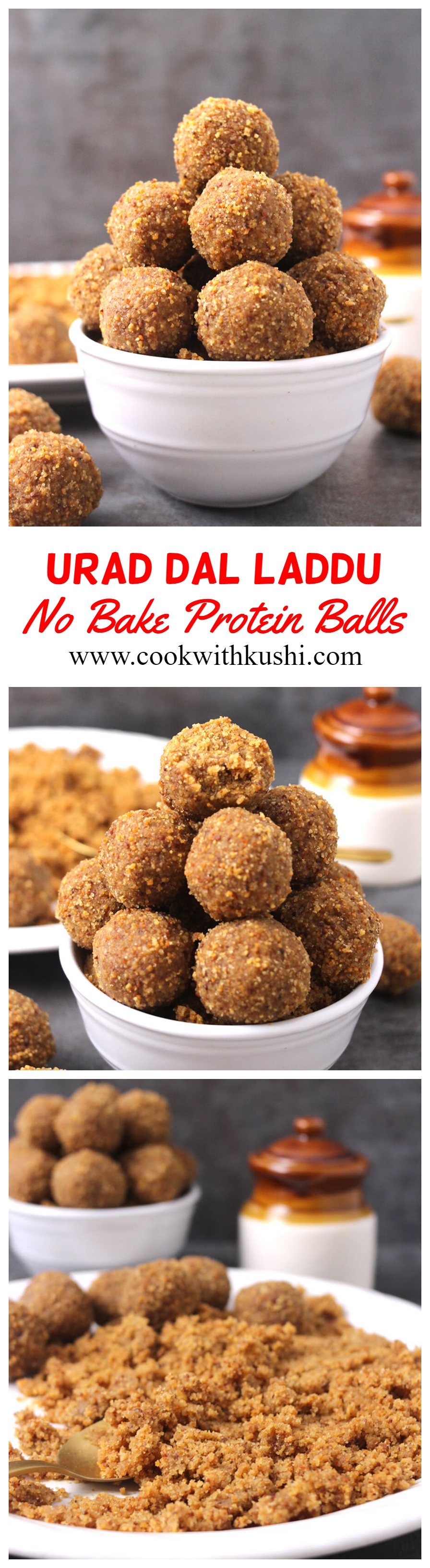 Urad Dal Laddu (No Bake Protein Balls) are nutritious, crunchy and melt in mouth treats prepared using only 3 ingredients in less than 30 minutes. #lentilrecipes #laddu #ladoo #indiansweets #Mithai #navratrirecipes #diwalirecipes #ravaladdu #coconutladdu #boondiladoo #motichoorladoo #besanladoo #jaggery #ghee #uraddal #kidssnacks #nergybooster #highenergyproteinballs #nobake