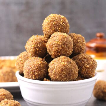 Indian Protein Balls or Urad Dal Ladoo served in a white bowl.