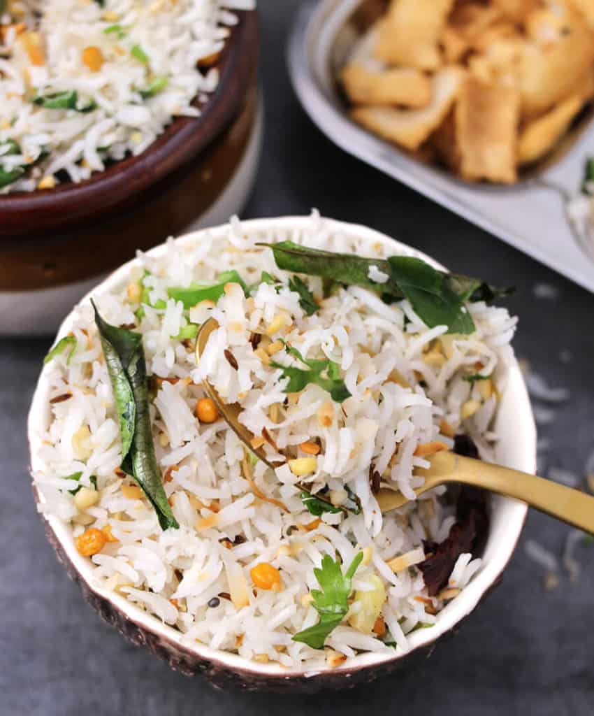 Coconut rice for navratri, fasting, bhog, naivedyam, upvas, satvik no onion no garlic recipe