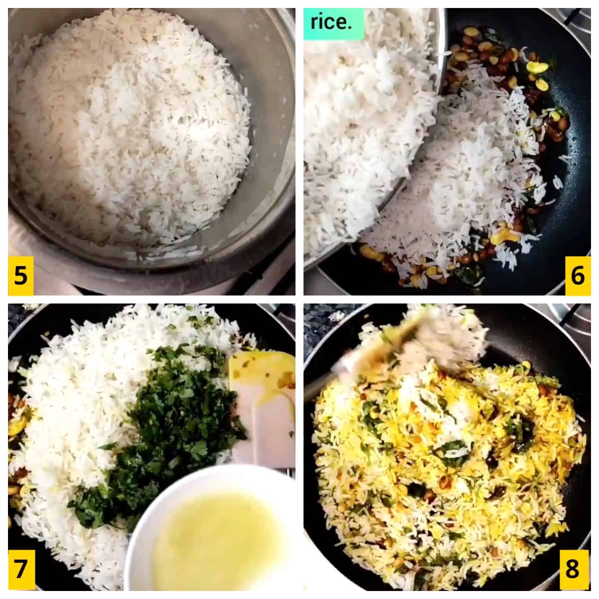 Making of South Indian lemon rice or chitranna at home.