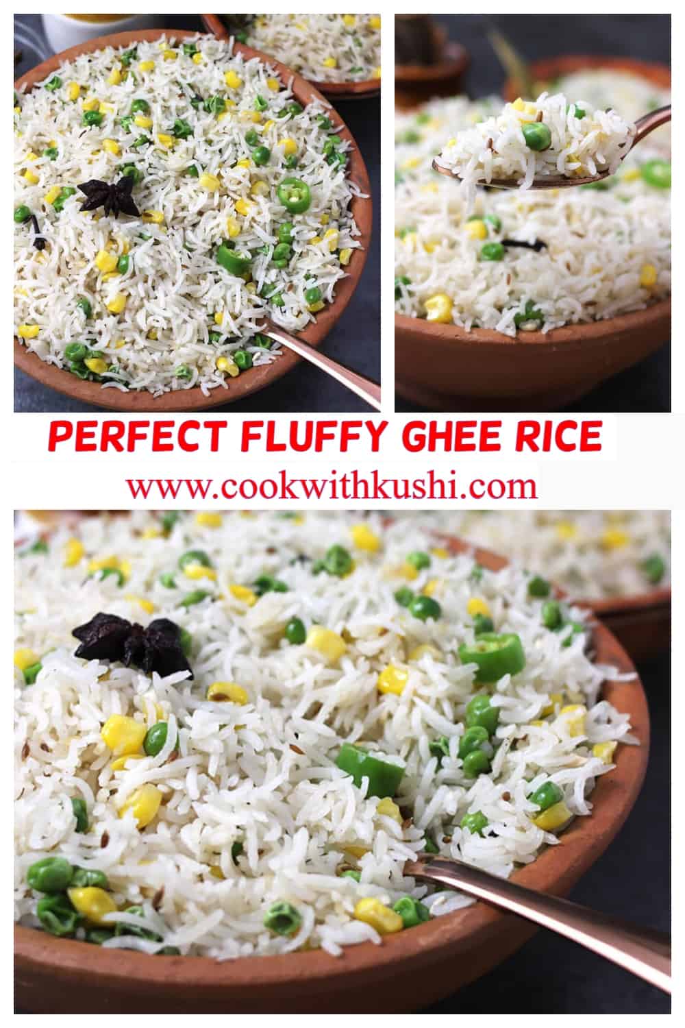 3 different picture's of the best & perfect fluffy ghee rice recipe