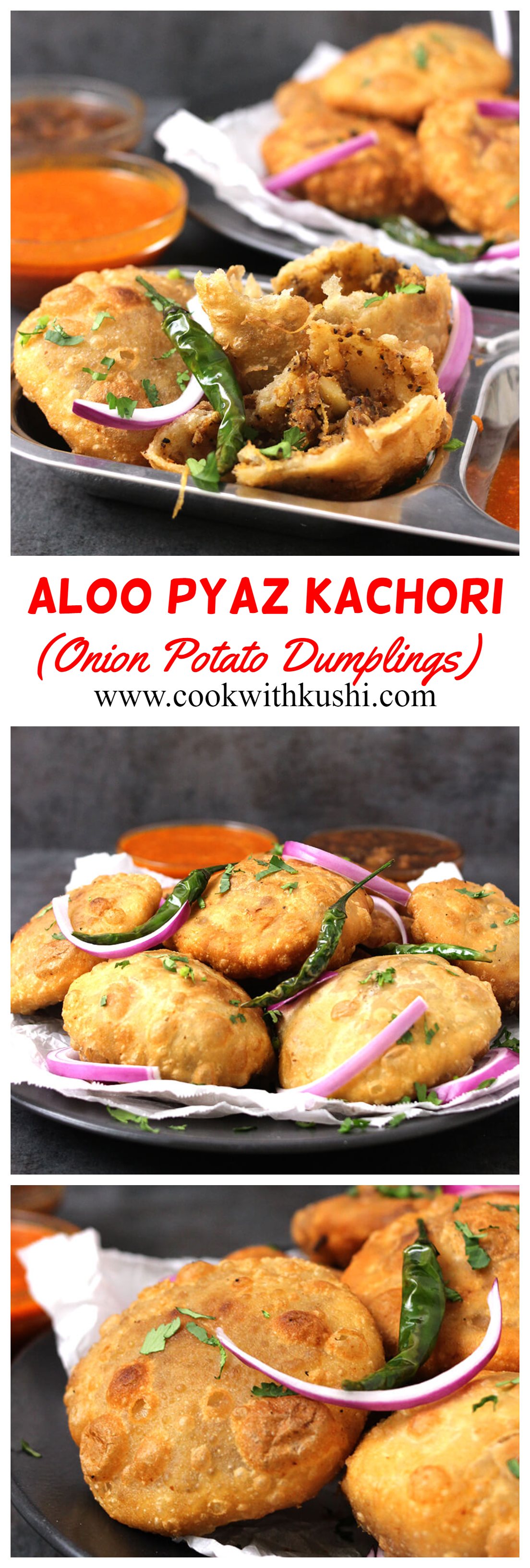 Aloo Pyaz Kachori or Onion Potato Dumplings are popular Indian snack with crispy and flaky texture on the outside and spicy, delightful and flavorful filling on the inside. #diwalisnacks #diwalirecipes #diwalipartyideas #paapdichaat #alookikachori #rajkachori #indianstreetfood #indiansnacks #vegansnacks #mashedpotatodumplings
