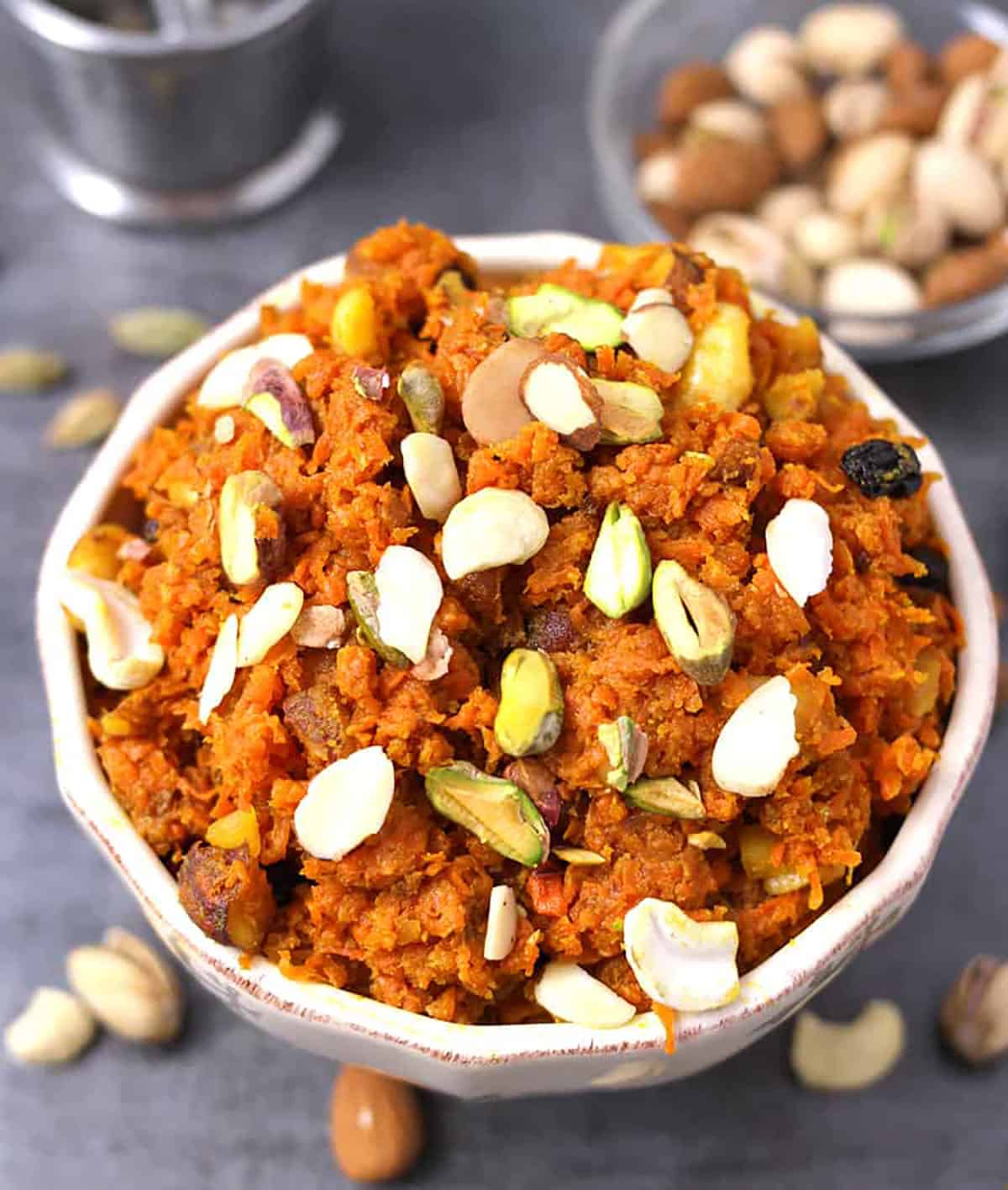Top view of best carrot halwa, gajar halwa recipe on stovetop and instant pot 