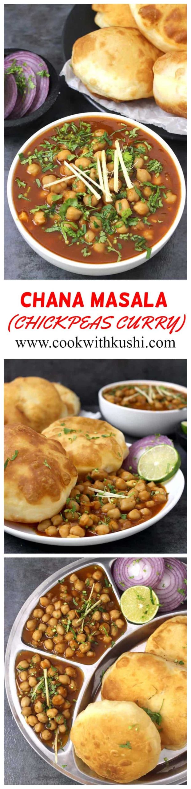 Chana Masala or Chickpeas Curry or Chole is a vegan and gluten free, flavorful and delicious Indian dish where the chickpeas (channa) is cooked in aromatic onion tomato masala gravy.  #chickpeascurry #chanamasala #cholerecipe #punjabichole #amritsarichole #veganchanamasala #channamasala #instantpot #easymeals #lunchideas #dinnerideas #breakfastideas