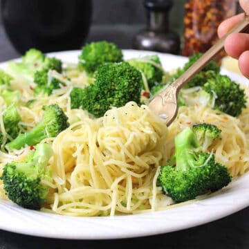 Easy broccoli pasta. Simple vegetarian pasta with broccoli, garlic & angel hair for lunch, dinner.