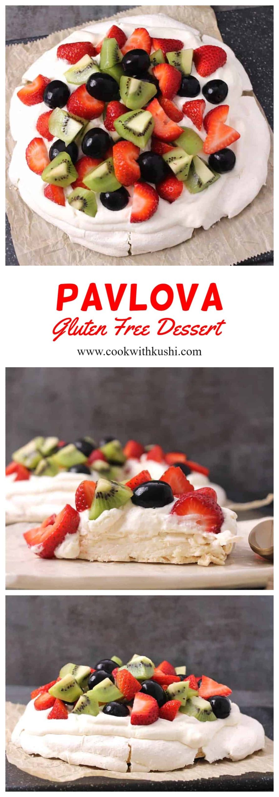 Pavlova is a meringue based 5 ingredient cake dessert which is soft and light inside like a marshmallow, crunchy crisp around the edges and chewy on the top. This is then topped with fresh whipped cream and fresh fruits in season making it a total gluten free dessert #summerfood #summerdessert #berries #glutenfree #easydesserts #meringue