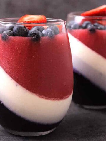 strawberry and blueberry panna cotta, easy no bake red white and blue 4th of July dessert recipe