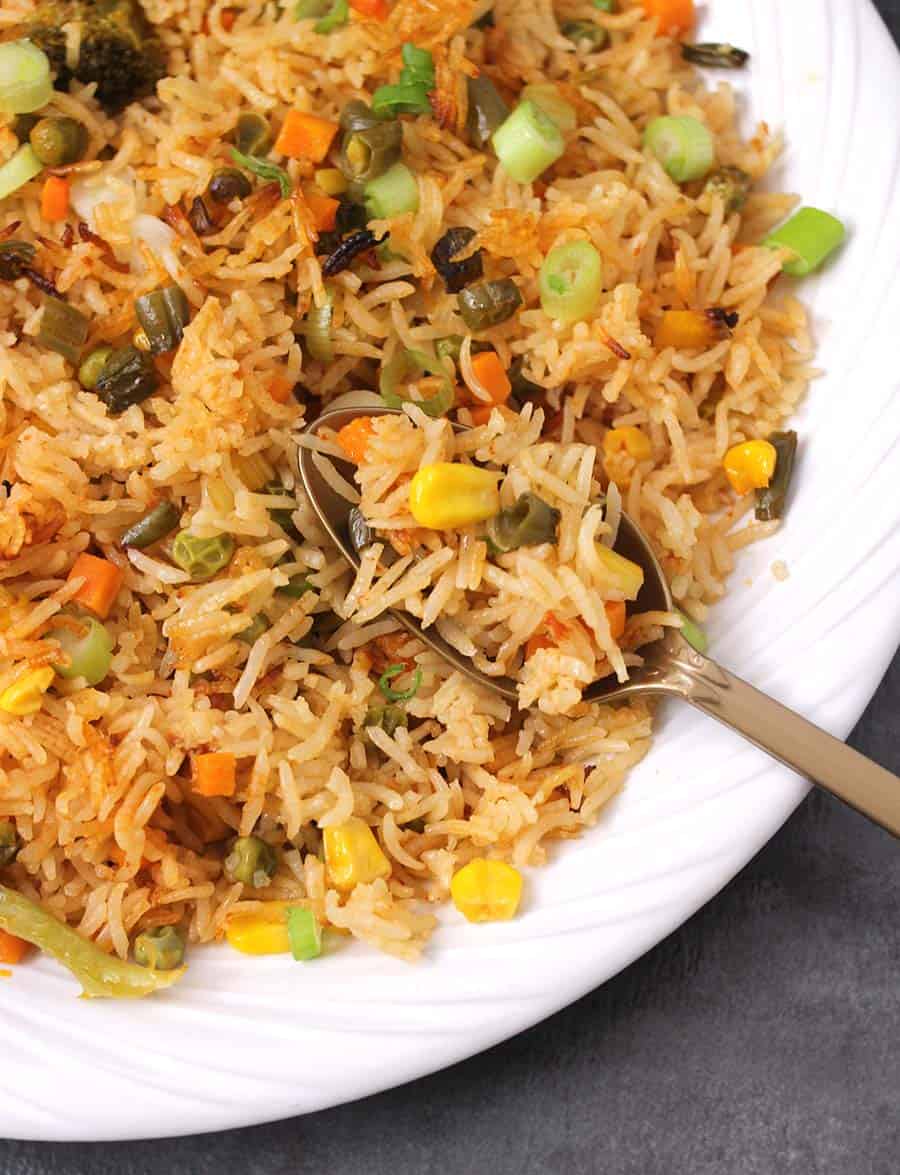 Baked Vegetarian or vegan, gluten free fried rice, one pot or one pan meals for lunch or dinner, indian one pot meals,family friendly healthy, easy and quick rice recipes, meatless dinner ideas 