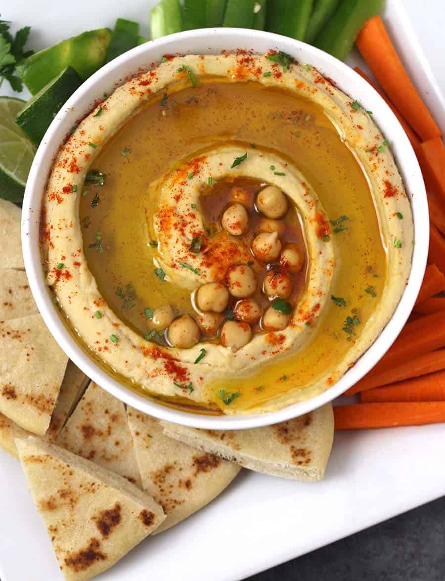 Hummus Dip, Easy homemade authentic hummus recipe with and without tahini, plant based protein, hummus ingredients and variations