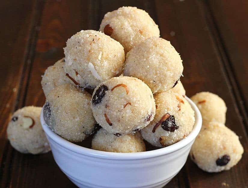 Rava Coconut Laddu ( Ladoo) / Sooji Ladoo - Indian Sweets Recipe, Indian dessert recipes for prasad, vrat, fasting on navratri, janmashtami, diwali