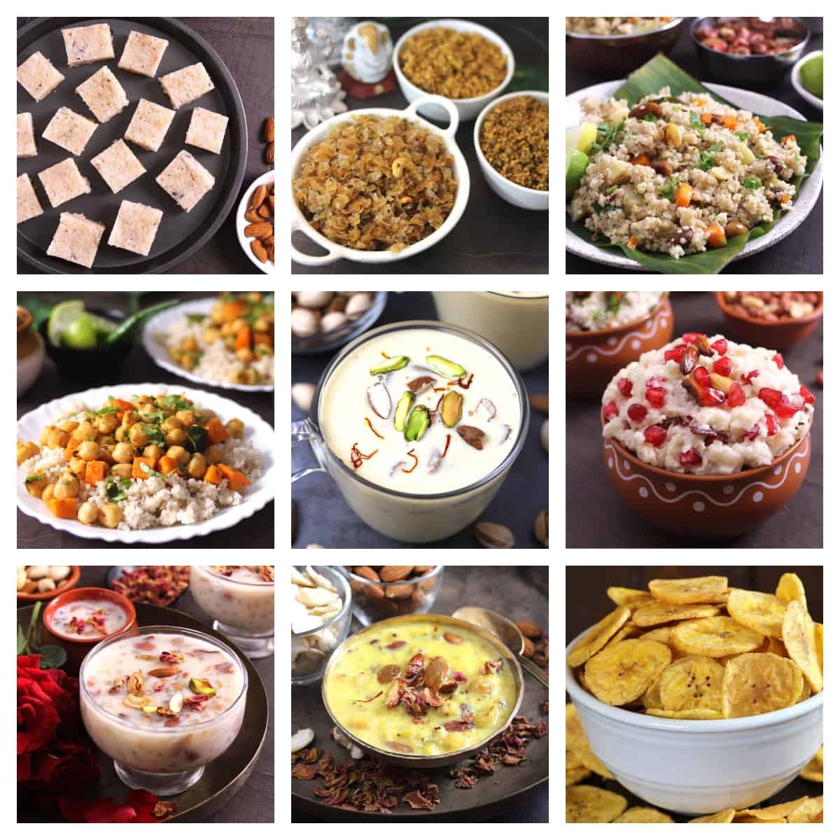 picture of Indian vrat recipes or fasting recipes that include breakfast, lunch, dinner, sweets.