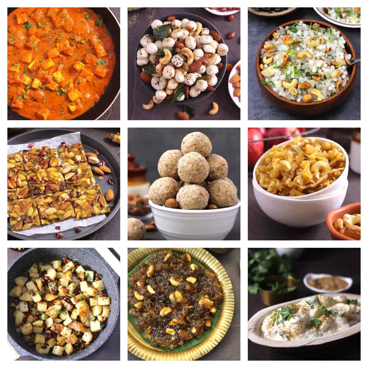 Picture of Indian vrat recipes or fasting food recipes that includes meals, desserts, snacks and drinks. 