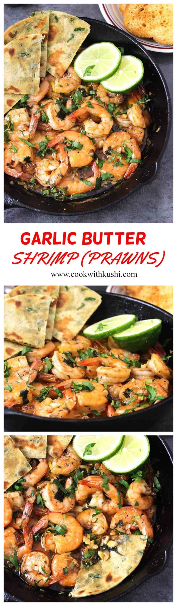 Garlic Butter Shrimp or Prawns Butter Garlic is super easy to make dish for any meal - with an amazing flavor combination of garlic, butter, and a hint of lime (lemon). This recipe is ready in less than 25 minutes. Today I have served it with Avocado Flatbread. #garlicbutter #seafoodrecipes #shrimprecipes #dinnerrecipes #lunchideas #footballfood #thanksgivingsides #christmasdinner #appetizers