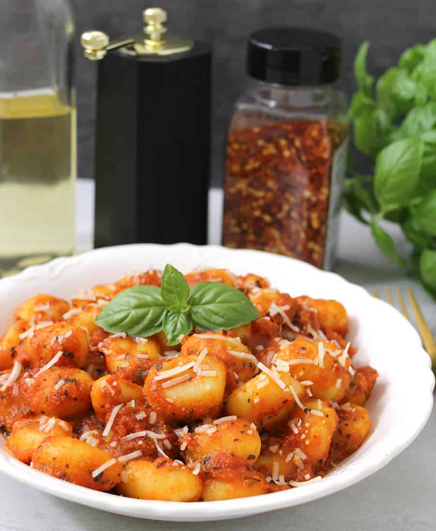 Gnocchi Pasta In Arrabiata Sauce, Italian pasta dishes, healthy vegetarian lunch or meal 