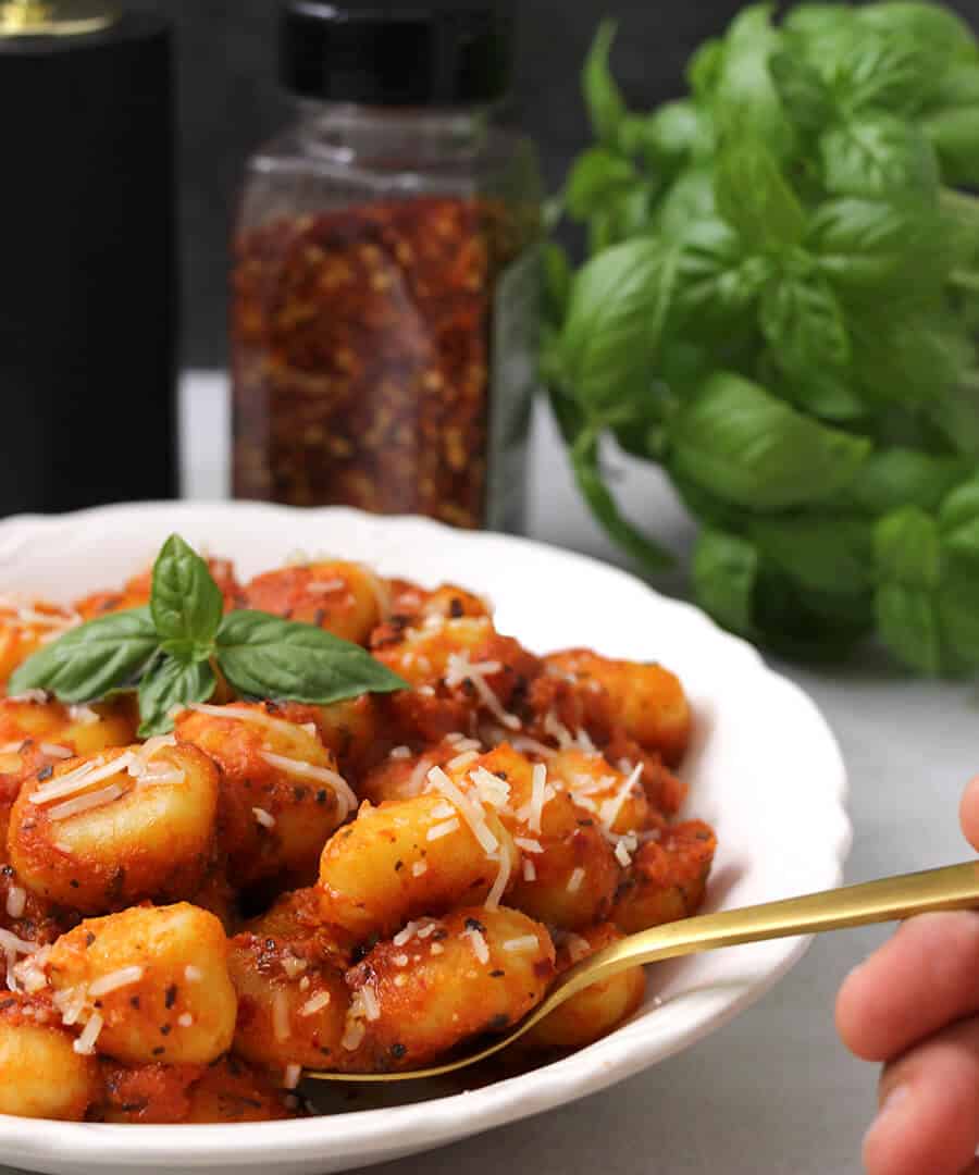 Gnocchi In arrabiata pasta sauce, alfredo sauce, healthy lunch and dinner recipes for weekend and weekdays