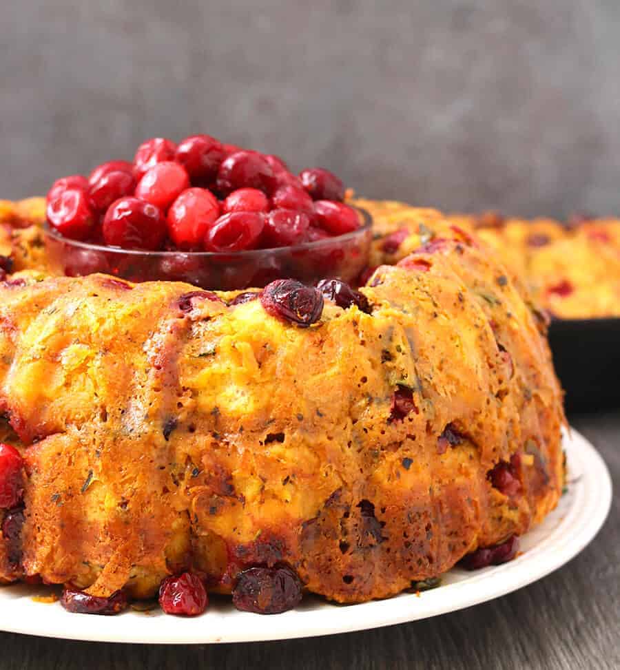 Savory Cheese garlic  Cranberry Pull Apart Bread Bundt Pan - best recipe with cranberries for thanksgiving and christmas dinner, snack, appetizer, side dish, monkey bread