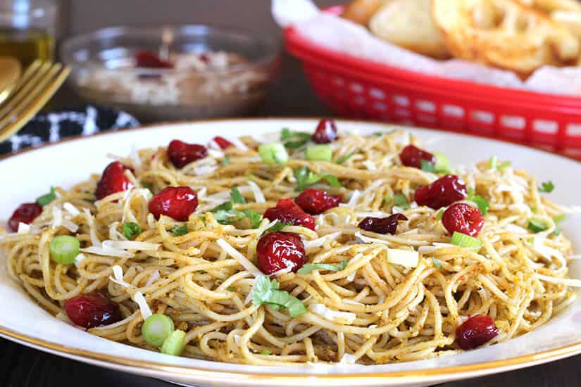 Cranberry Pesto Pasta, Cranberry sauce, fresh or frozen cranberries, unique pasta recipes, pasta with angel hair or spaghetti