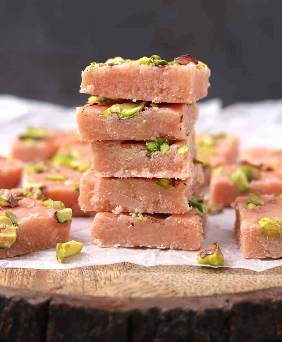 Rose Barfi, Rose Milk Powder Burfi or Rose Pista Barfi, milk based, mithai, Diwali recipes, navratri recipes, Indian sweets and desserts