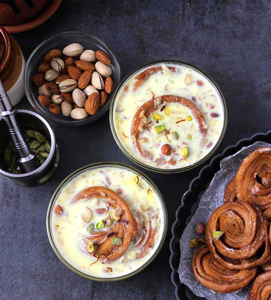 Homemade Badam Milk or Almond Milk, phenori, chiroti, balushahi, badusha, jalebi, rasmalai, best, popular, easy Indian sweets and desserts recipes for diwali, navratri, holi, ram navami, christmas, eid