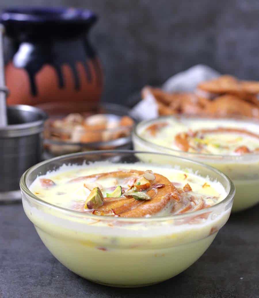 Homemade Badam Milk or Almond Milk, phenori, chiroti, balushahi, badusha, jalebi, rasmalai, best, popular, easy Indian sweets and desserts recipes for diwali, navratri, holi, ram navami, christmas, eid 