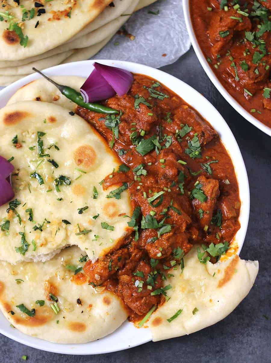 Chicken tikka masala, naan and curry, naan and gravy, Garlic Naan Bread