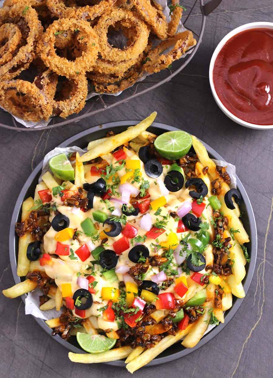 Loaded Cheese Fries recipe, Vegetarian loaded fries, meatless recipes,  French Fries, Potatoes, Mushrooms, Honey Sriracha Mushrooms, Honey chili mushrooms, vegetarian snacks, finger food , appetizers, super bowl, game day, football food, dinner recipes, party food, American cheese sauce for fries, mexican loaded fries, Texas cheese fries