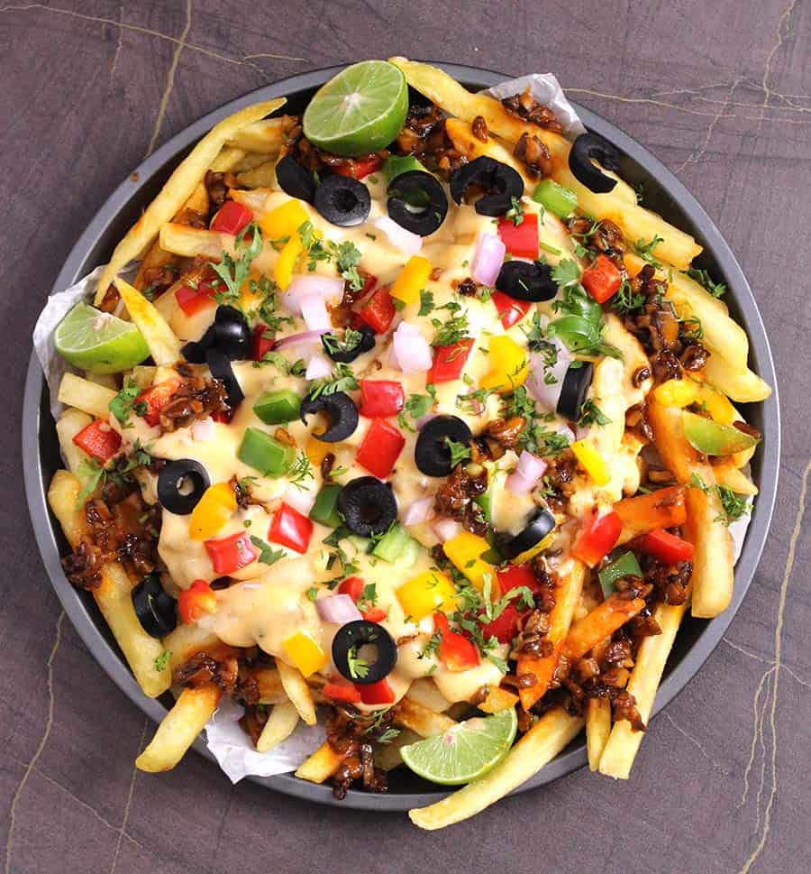 Loaded Cheese Fries with bacon, Vegetarian loaded fries, meatless recipes,  French Fries, Potatoes, Mushrooms, Honey Sriracha Mushrooms, Honey chili mushrooms, vegetarian snacks, finger food , appetizers, super bowl, game day, football food, dinner recipes, party food, American cheese sauce for fries, mexican loaded fries, Texas cheese fries