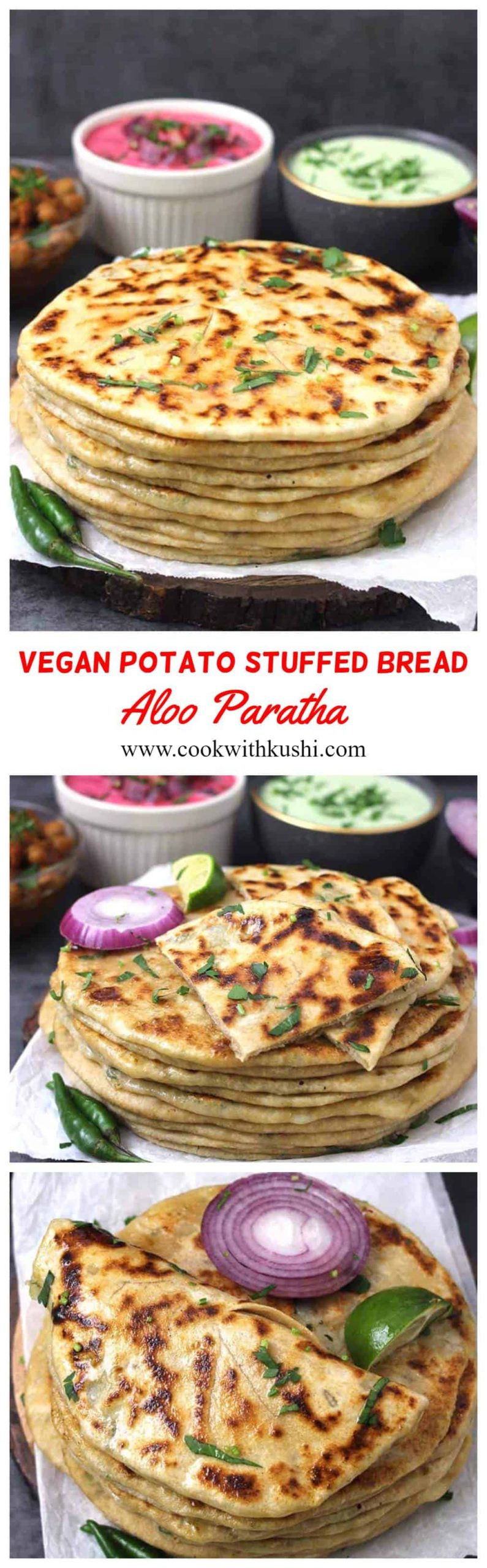 Aloo Paratha is a delicious and popular Indian stuffed flatbread crispy on the outside with soft and flavorful melt in mouth mashed potato filling on the inside. This recipe is for all bread and potato lovers. #naan #easynaanrecipes #aloonaan #potatonaan #stuffednaan #paratha #parotta #kulcha #indianbread #indianflatbread #veganbread #breadstuffing #breakfastrecipes #roti
