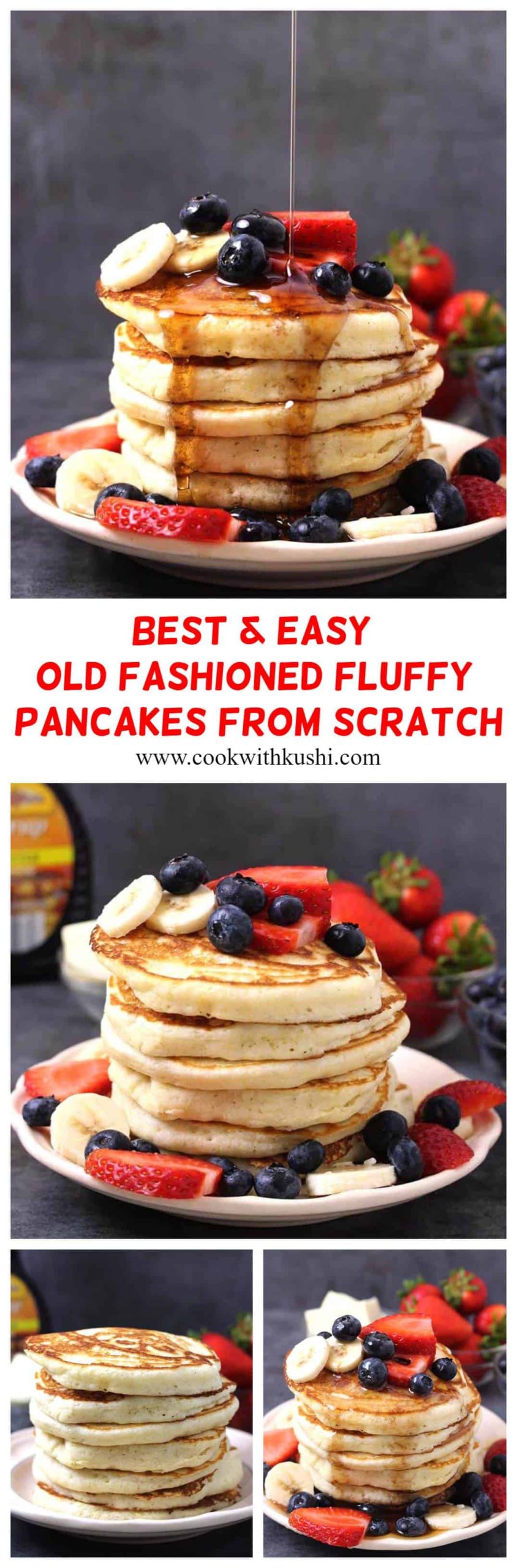 These Old Fashioned Homemade Pancakes are perfectly soft, best and fluffy. You will not only love this simple and easy pancake recipe but also make it frequent item in your kitchen for breakfast. #pancakes #pancake #healthypancakes #bestpancakes #fluffypancakes #breakfastrecipes #holidaybreakfast #easterbrunch #maplesyrup #sourdough #waffle #crepes #strawberries #blueberries #banana #easyrecipes #americanpancakes #pancakemix #oldfashioned #keto #vegan #eggless #buttermilk #homemade #flatcake #christmasbreakfast