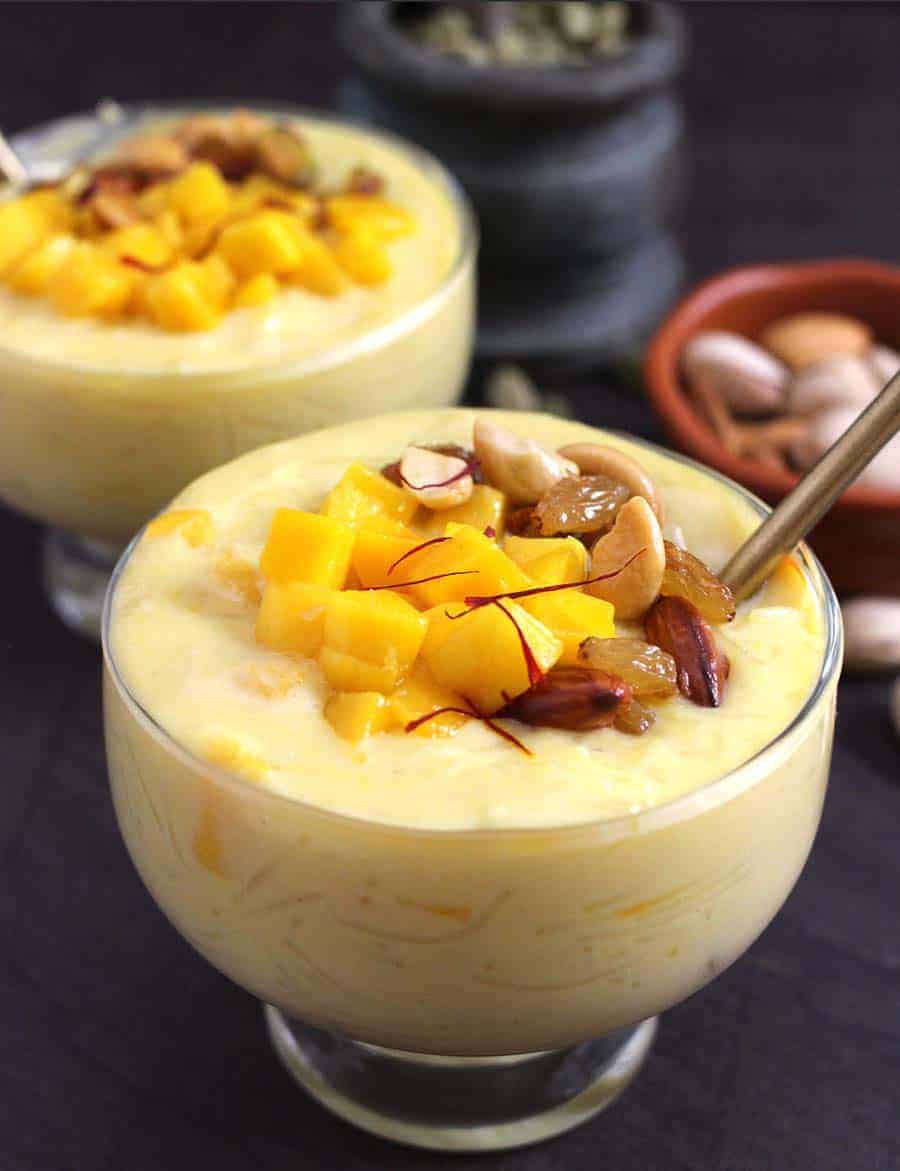 Mango vermicelli Kheer, instant pot kheer, mango pudding, Semiya Payasam, Seviyan Kheer, Eid recipes, holi, diwali, navratri, ganesh chaturthi, Ramzan or Ramadan, Christmas, raksha bandhan sweets and desserts recipes, mango desserts and sweets, #kheer #mango #instantpotkheer #vegankheer #glutenfree #keto