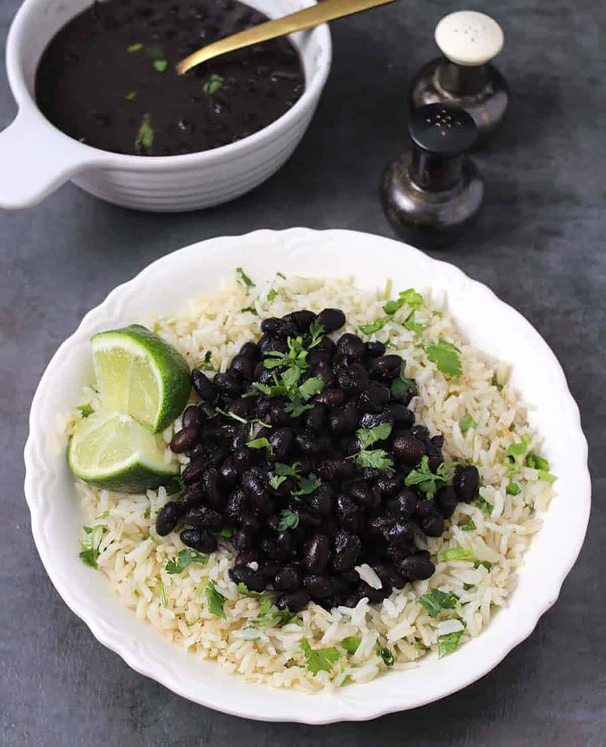 Chipotle rice bowl. Vegan and gluten-free lime rice with cilantro, black beans. 