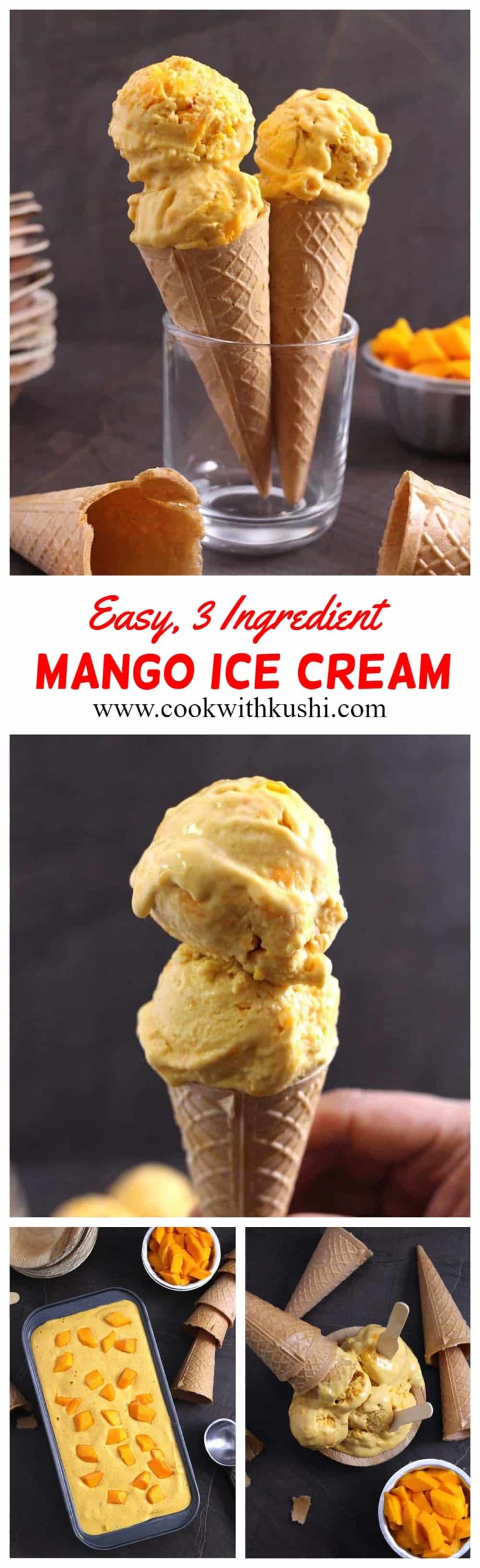 This Homemade Mango Ice Cream recipe is not only simple and easy to make, but its also creamy with full of flavor from the fresh mangoes. You don't need any ice cream maker to prepare this recipe. One of the best summer recipe to try to beat the heat when mangoes are in season. #icecream #homemade #Nochurn #eggless #vegan #haagendazs #mochi #smoothie #sorbet