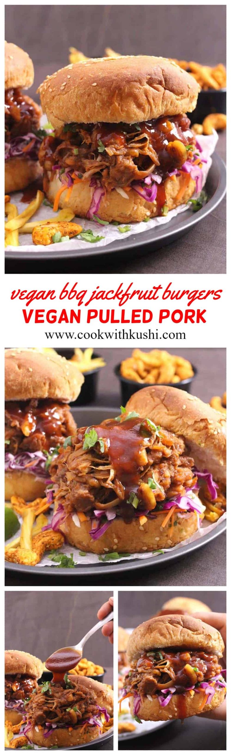 This Vegan BBQ Jackfruit Burger is super simple and easy to make, hearty and tender, smoky and satisfying, perfect summer recipe ready in less than 30 minutes with no actual barbecue required. #sliders #burgers #sandwiches #bestveganrecipes #Veggieburger #gyros #tortillas #wraps #superbowlfood #footballfood #summerfood #july4thfood #pulledpork #coleslaw #slowcooker #instantpot #stovetop #bbqsauce #younggreenjackfruit #canned #brine #impossibleburger