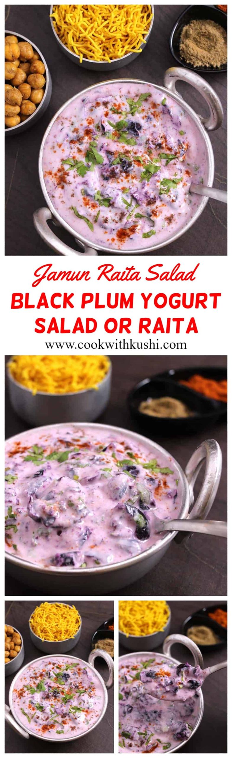 Jamun Raita or Black Plum Yogurt Salad is a refreshing, healthy, and delicious Indian recipe, prepared in less than 5 minutes that can be served as a side or condiment with any meal. One of the best recipes to try during summer when jamuns are in season. #raita #yogurt #dahi #curds #biryani #diabeticrecipes #dietfood #weightlossfood #blackplum #javaplum #blackberry #jamunrecipe #pachadi #thambuli #vegetarianrecipes #lunch #dinner #keto #palepo #whole30