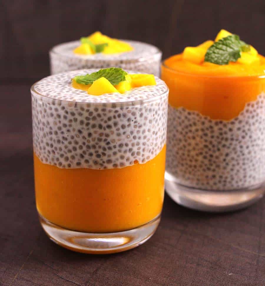 Mango Chia seeds Pudding recipe - vegan, gluten free, keto, paleo, whole30, weight watchers food, weight loss diet recipe, make ahead breakfast, dessert, mid day snack, protein packed