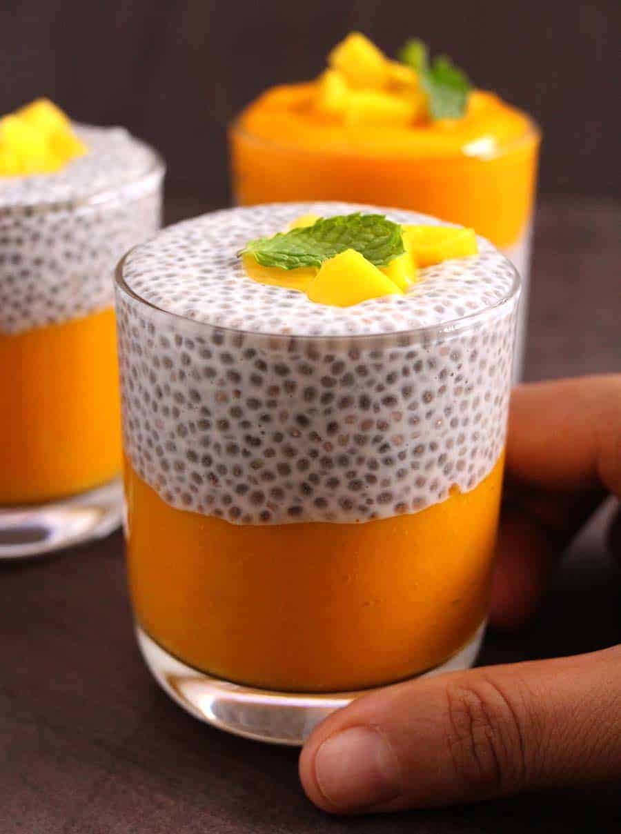 Mango Chia seeds Pudding recipe - vegan, gluten free, keto, paleo, whole30, weight watchers food, weight loss diet recipe, make ahead breakfast, dessert, mid day snack, protein packed, summer food ideas 