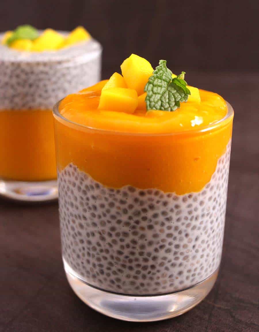 Mango Chia Seeds Pudding, tapioca Pudding, high fiber foods, mango desserts with fresh mangoes, no cook recipe, chia seed pudding with almond milk, soy milk, full fat coconut milk, cashew milk, summer food recipes