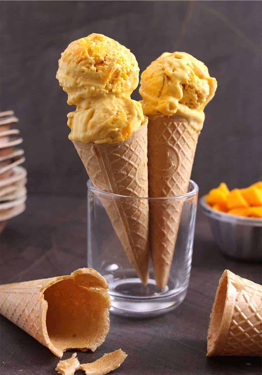 Mango Ice Cream #homemade #icecream #nochurn #quickdesserts #summerrecipes #wafflecone #memorialday #independenceday 