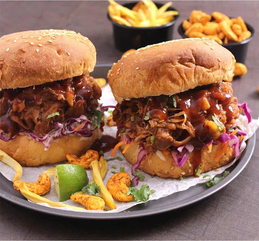 Vegan BBQ Jackfruit Burger | Vegan Pulled Pork Sandwich | Jackfruit Sliders (Stovetop, Slow Cooker and Instant pot instructions added), best, tasty and easy veggie, vegan meatless burgers, jackfruit recipes, canned jackfruit, young green jackfruit, jackfruit in brine, meatless burger, pulled pork coleslaw, memorial day recipes, #burgers #sandwiches #sliders, #gyros #wraps