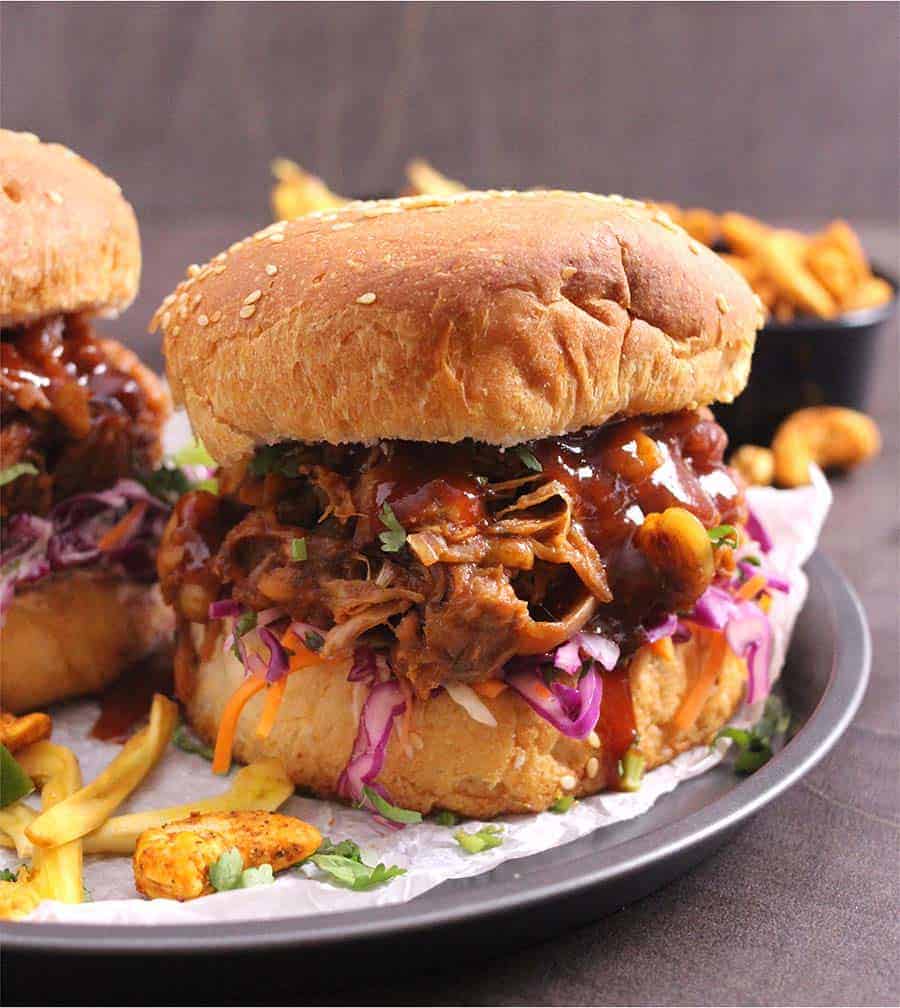 Vegan BBQ Jackfruit Burger | Vegan Pulled Pork Sandwich | Jackfruit Sliders (Stovetop, Slow Cooker and Instant pot instructions added), best, tasty and easy veggie, vegan meatless burgers, jackfruit recipes, canned jackfruit, young green jackfruit, jackfruit in brine, meatless burger, pulled pork coleslaw, summer food recipes, #burgers #sandwiches #sliders, #gyros #wraps