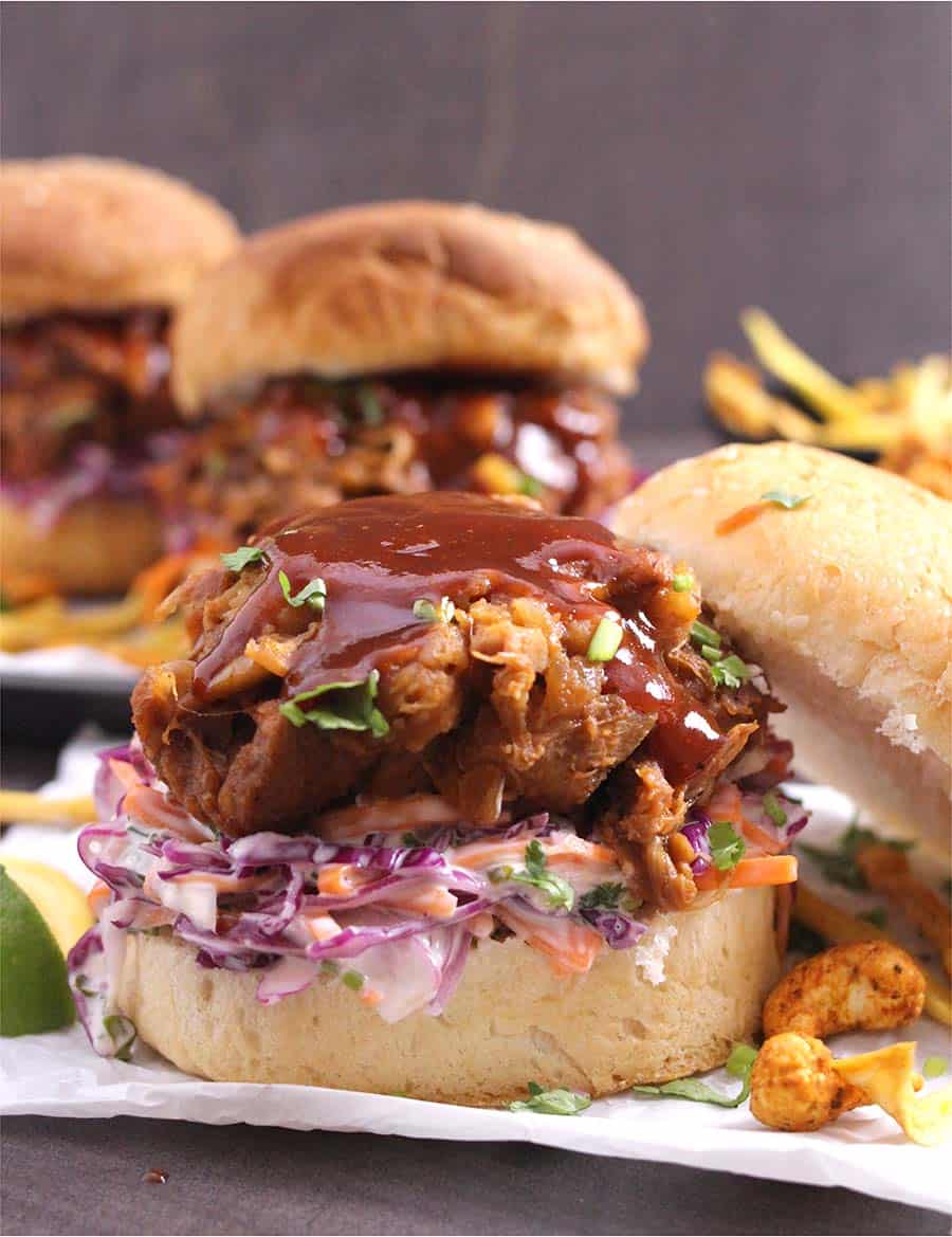 Vegan BBQ Jackfruit Burger | Vegan Pulled Pork Sandwich | Jackfruit Sliders (Stovetop, Slow Cooker and Instant pot instructions added), best, tasty and easy veggie, vegan meatless burgers, jackfruit recipes, canned jackfruit, young green jackfruit, jackfruit in brine, meatless burger, pulled pork coleslaw, vegetable meat #burgers #sandwiches #sliders, #gyros #wraps