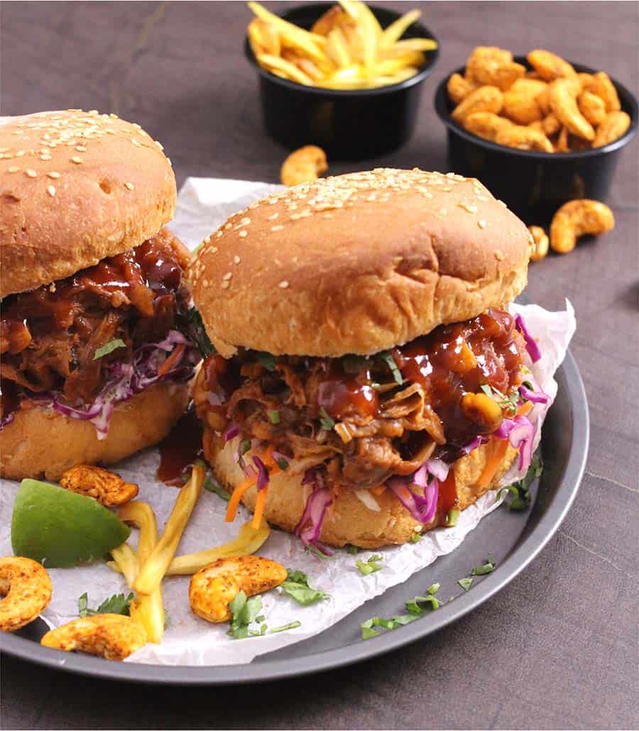 Vegan BBQ Jackfruit Burger | Vegan Pulled Pork Sandwich | Jackfruit Sliders (Stovetop, Slow Cooker and Instant pot instructions added), best, tasty and easy veggie, vegan meatless burgers, jackfruit recipes, canned jackfruit, young green jackfruit, jackfruit in brine, meatless burger, pulled pork coleslaw, impossible burger #burgers #sandwiches #sliders, #gyros #wraps
