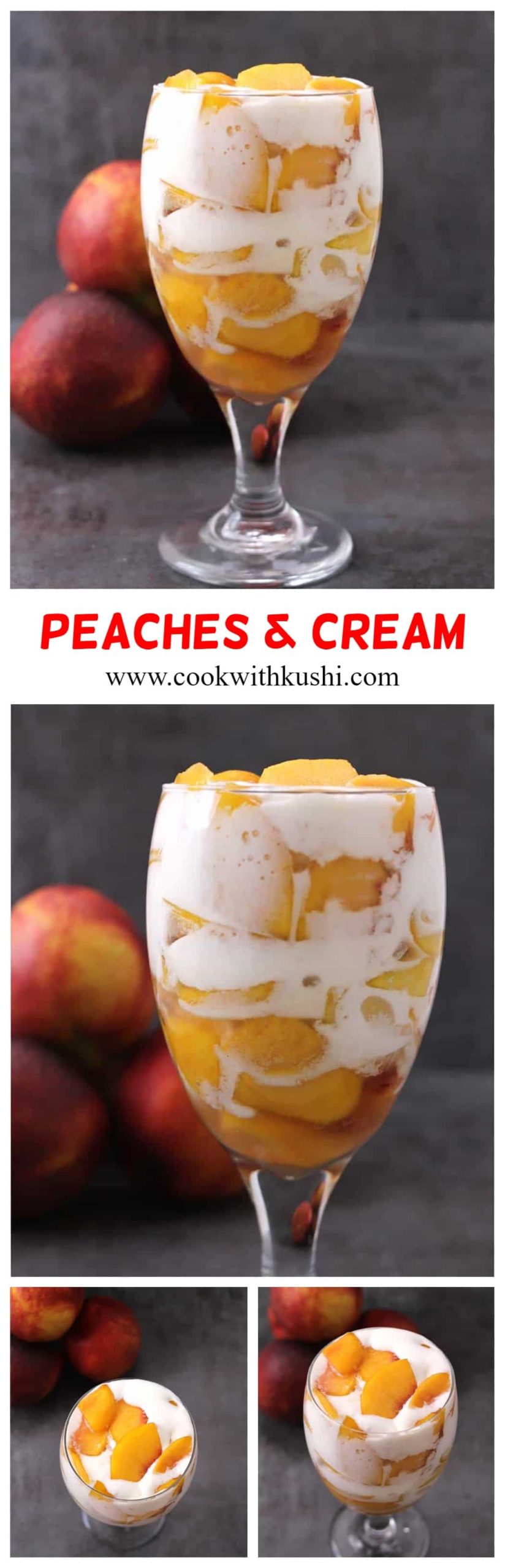 Peaches and Cream Dessert is a simple and easy to make classic summer treat prepared using fresh peaches and whipping cream. #peachdesserts #peachcobbler #peachparfait #peachtrifle #peaches #peachrecipes #freshpeaches #summerrecipes #summerfoodideas