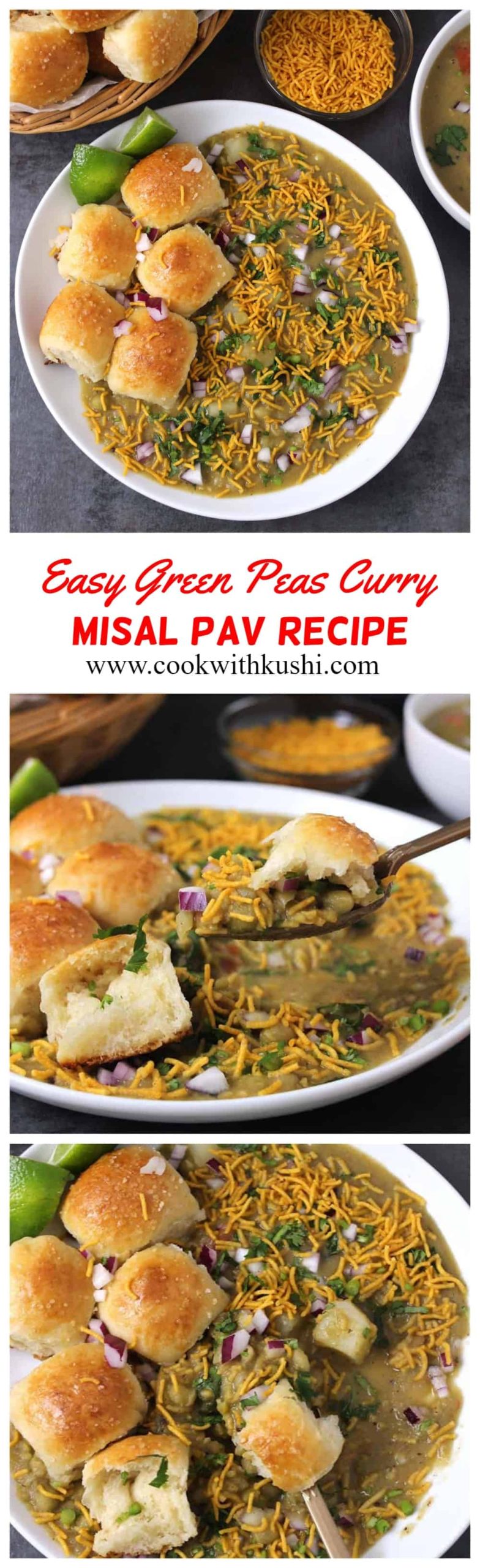 Misal Pav is a spicy and flavorful, nutritious and protein pack dish from Mumbai served with ladi pav bun, Indian dinner rolls. #lentils #legumes #splitpeas #greenpeas #Indianrecipes #Misalpav #streetfood #Vegna #Instantpot
