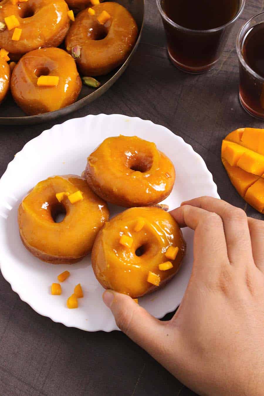 Vegan yeast glazed doughnuts or donuts, easy mango recipes (fresh, frozen, canned) summer food recipes - breakfast and dessert, fancy food recipes, homemade jam and compote
