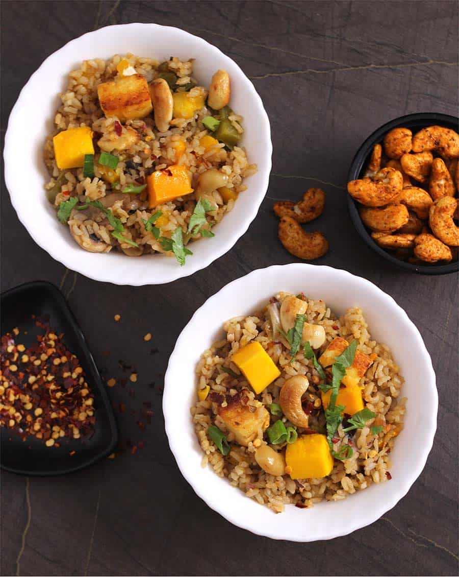 Thai Mango Fried Rice, vegetable or veg or veggie Fried Rice, quick and easy vegetarian meals recipes for lunch and dinner, shrimp fried rice, thai food, instant pot rice #thaibasil #thaistyle #thaifood #friedrice #pineapplefriedrice #veganrice