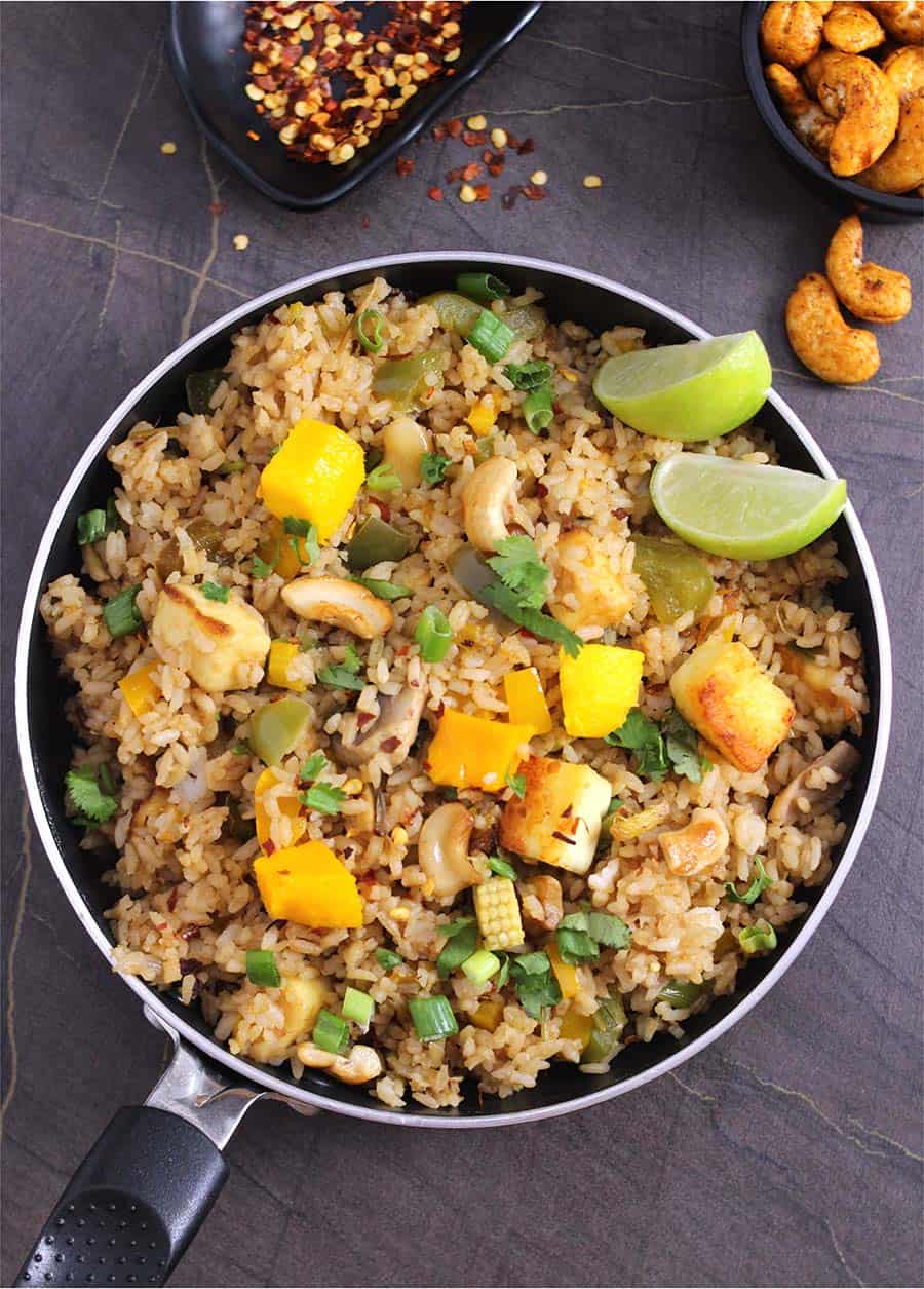 Thai Mango Fried Rice, vegetable or veg or veggie Fried Rice, quick and easy vegetarian meals recipes for lunch and dinner, instant pot rice #thaibasil #thaistyle #thaifood #friedrice #pineapplefriedrice #veganrice
