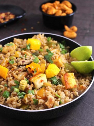 Thai Mango Fried Rice, Vegetable, veg or veggie fried rice, leftover rice recipe, how to cook fried rice on instant pot, Pineapple fried rice, basil fried rice, quick and easy vegetarian, vegan meals, #friedrice #pineapplefriedrice #thaistyle #thaifood #veganmeals #vegetarianmeals #dinnerrecipes